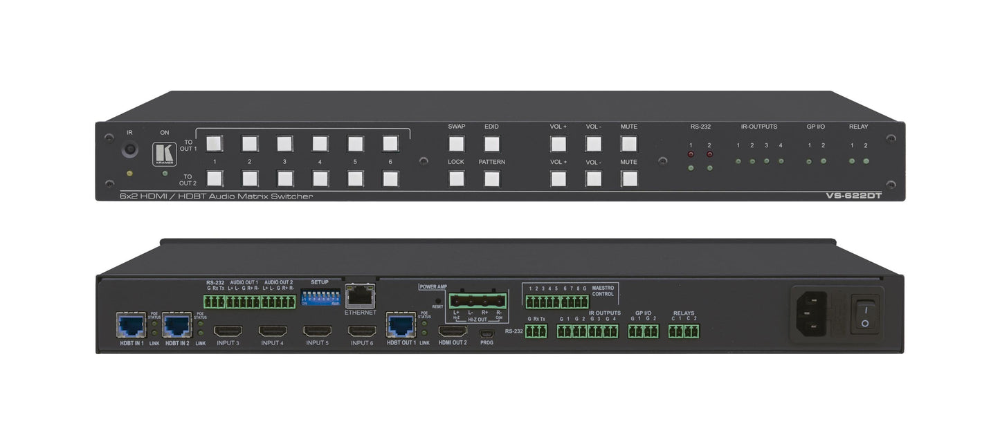 VS-622DT Matriz de conmutación HDMI 6x2 UHD con salidas HDMI y HDBT